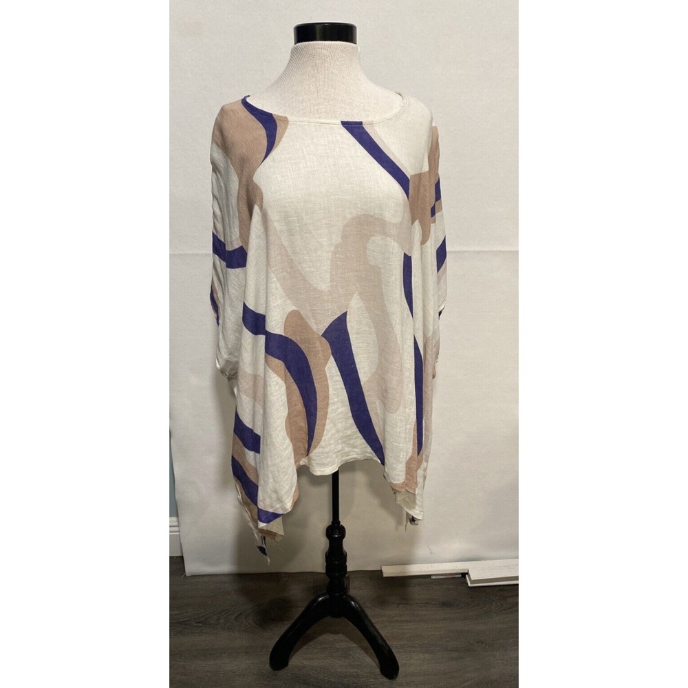 Linen Collection‎ Greece Abstract Swirl Print Poncho Top Blue Tan OS - Picture 2 of 7